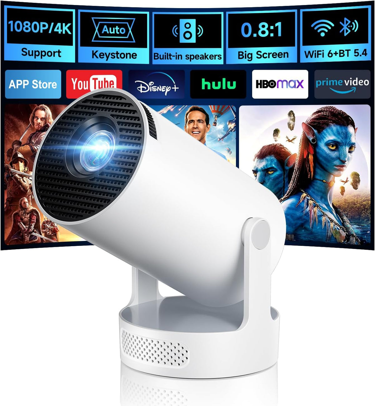 PixelCast Mini Projector Built-in Apps Portable Short Throw Supports 1080P