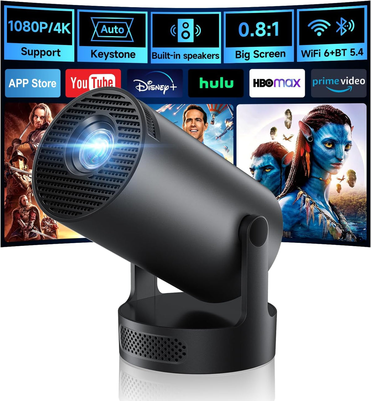 PixelCast Mini Projector Built-in Apps Portable Short Throw Supports 1080P