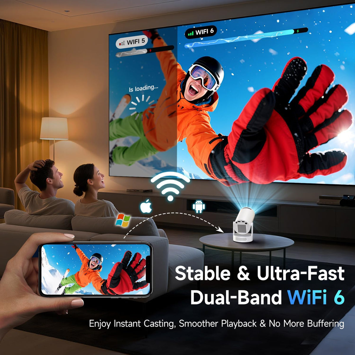 PixelCast Mini Projector Built-in Apps Portable Short Throw Supports 1080P