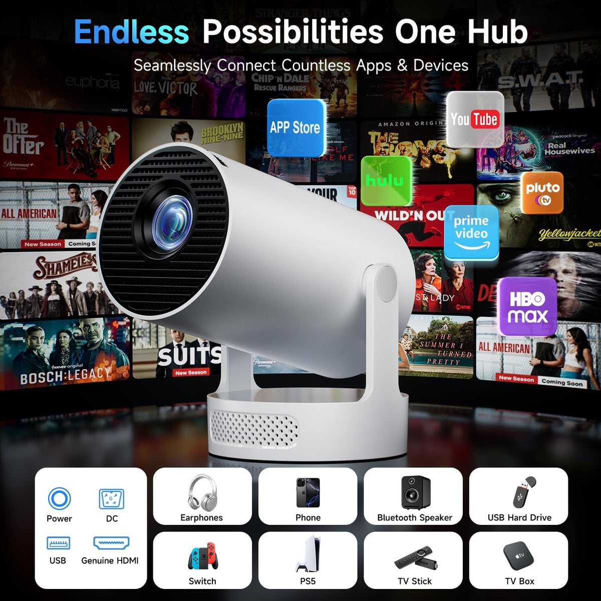 PixelCast Mini Projector Built-in Apps Portable Short Throw Supports 1080P